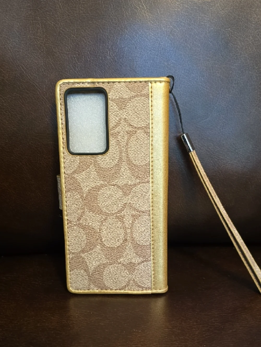 Designer Gold and Beige  Canvas Wristlet Phone Case Samsung Galaxy Note 20 Ultra